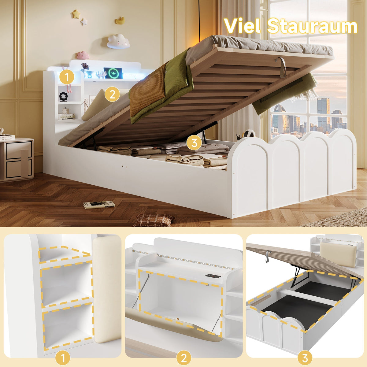 Panel Bed 90x200cm Hydraulic Storage USB-C Charging LED Multifunctional White