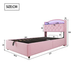 Children's Upholstered Bed, Multifunctional with Storage, LED, USB, Velvet Pink