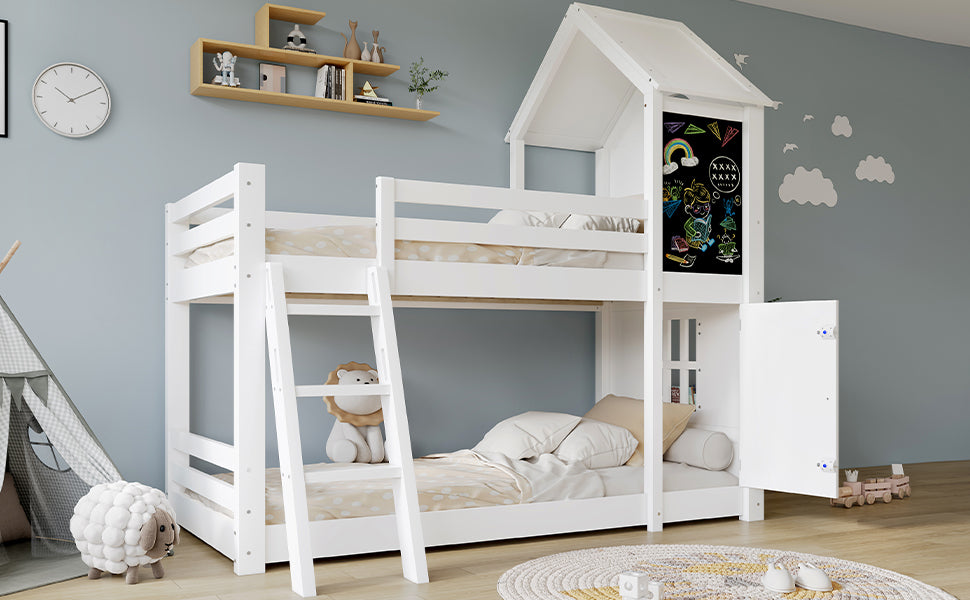 Children's Bunk Bed with Windows & Chalkboard, White Pine