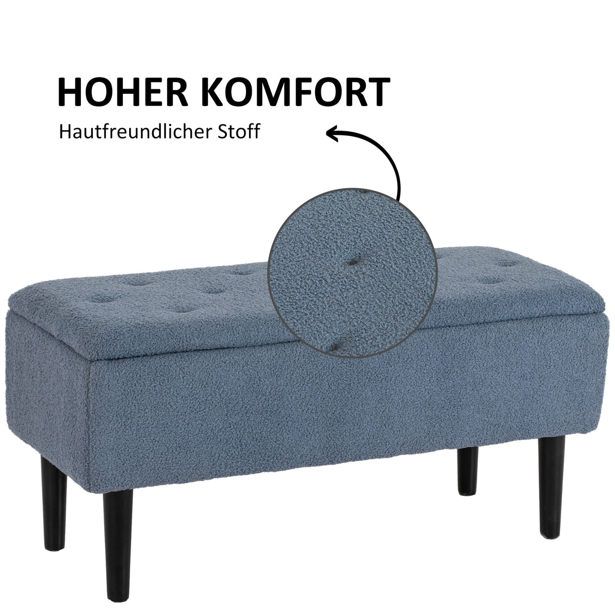 bench with storage space, upholstered, folding lid, blue