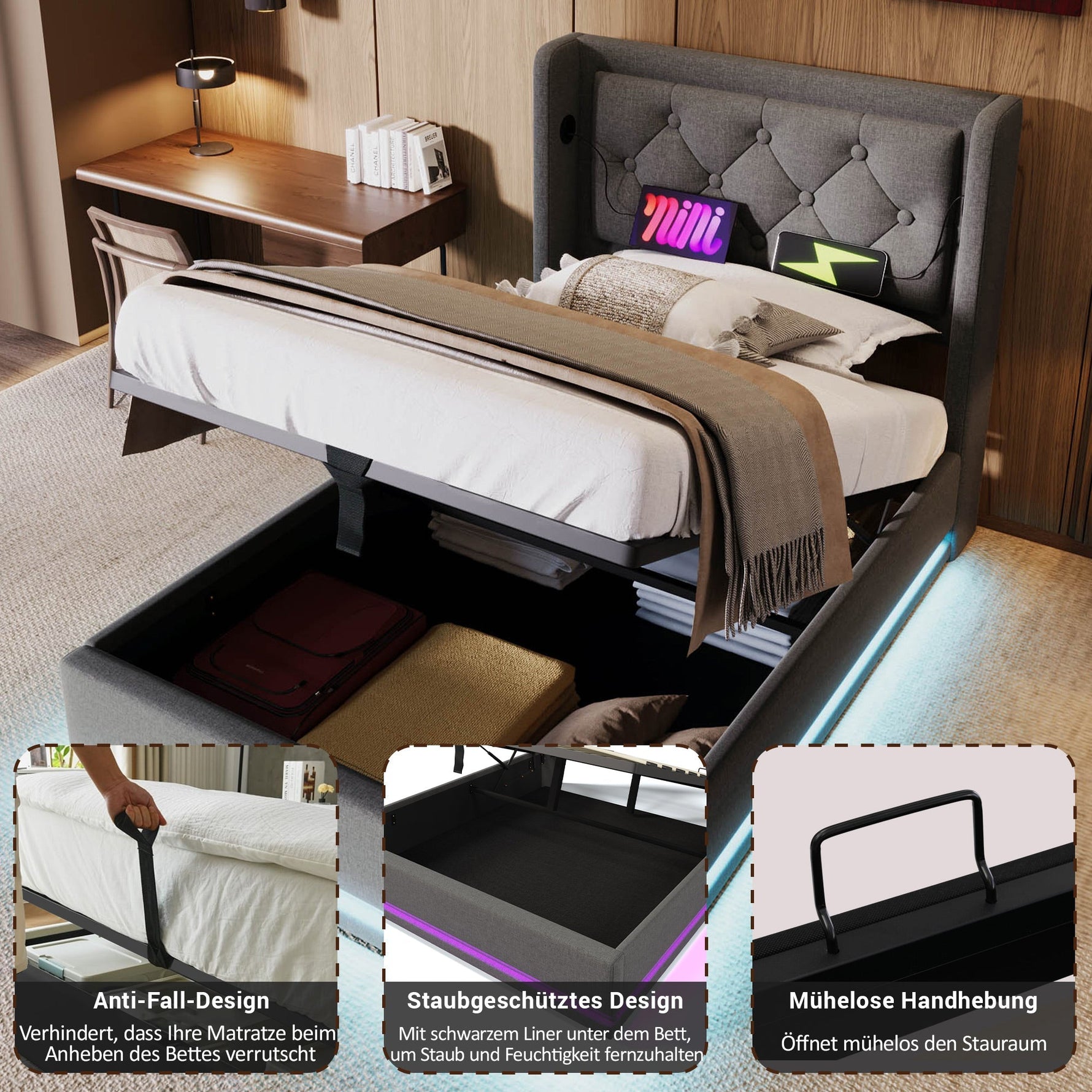 Upholstered Single Bed, Hydraulic Storage with USB & LED, Gray Cotton