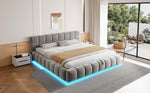 Upholstered Double Bed with Light Strip and Hydraulic Storage, 180x200cm, Grey Velvet