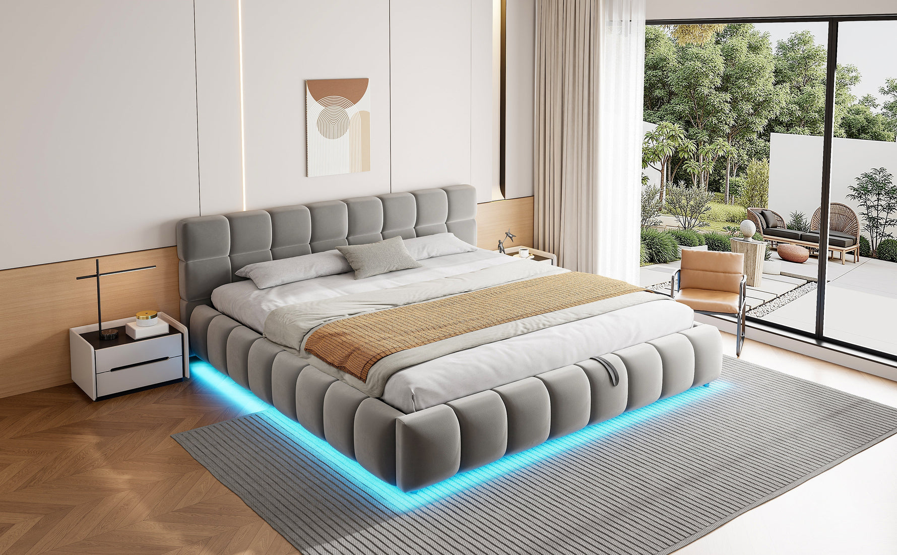 Upholstered Double Bed with Light Strip and Hydraulic Storage, 180x200cm, Grey Velvet