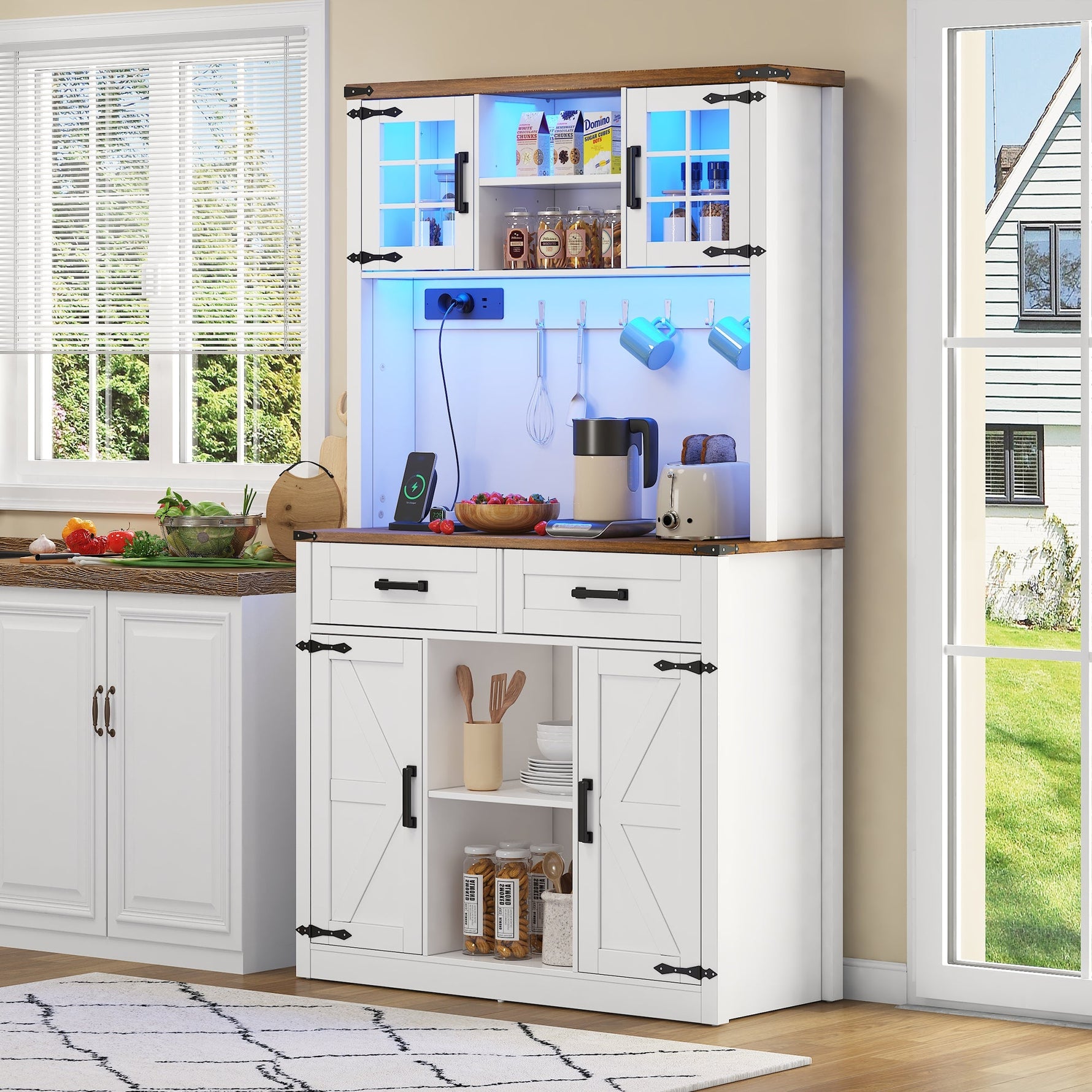 Bar Cabinet Buffet LED Sockets Barn Door 2 Drawers - White