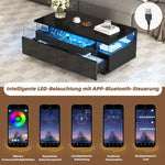 Coffee Table with Tray, High-Gloss, 2 Drawers, Tempered Glass, LED Light, Black