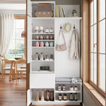 Compact Wardrobe with Mirror, Bench & Shoe Cabinet, White MDF