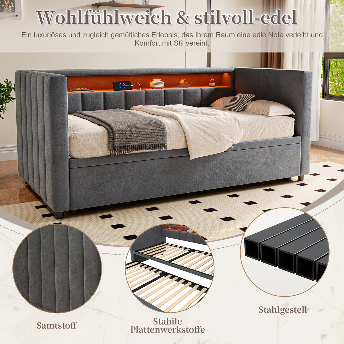 Multifunctional Sofa Bed 90x190cm, Pull-Out & Storage, Gray Velvet