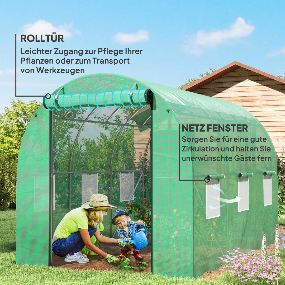 Greenhouse 3x2x2m Polytunnel with 6 Windows, Roll-Up Door, UV-Resistant, Green