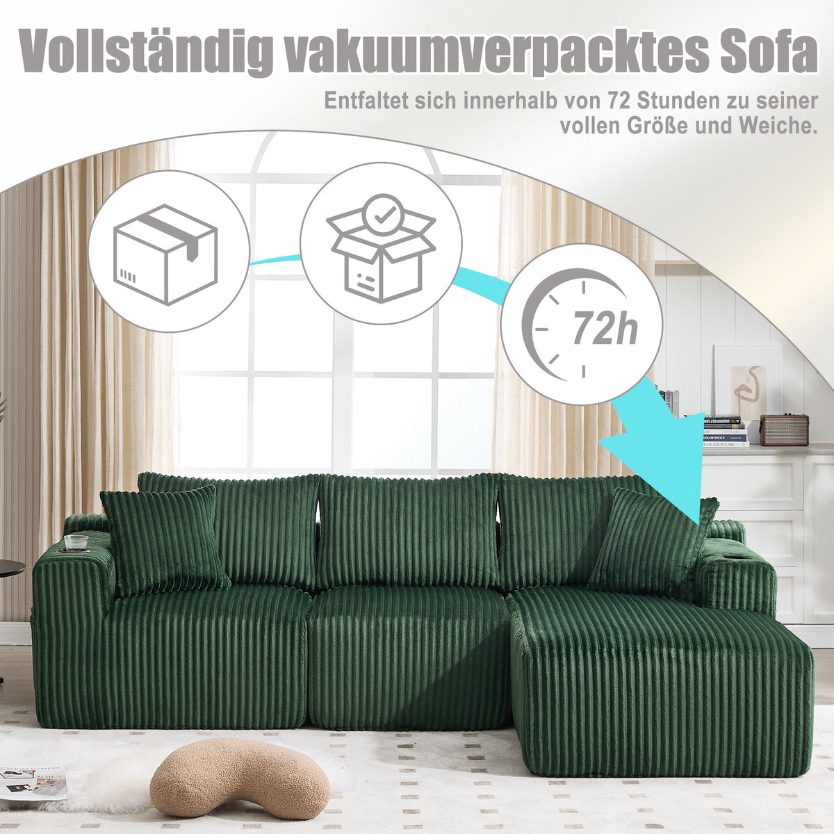 Modular Sofa Set Chaise Longue 2-Seater Side Pockets Drink Holders DIY - Corduroy