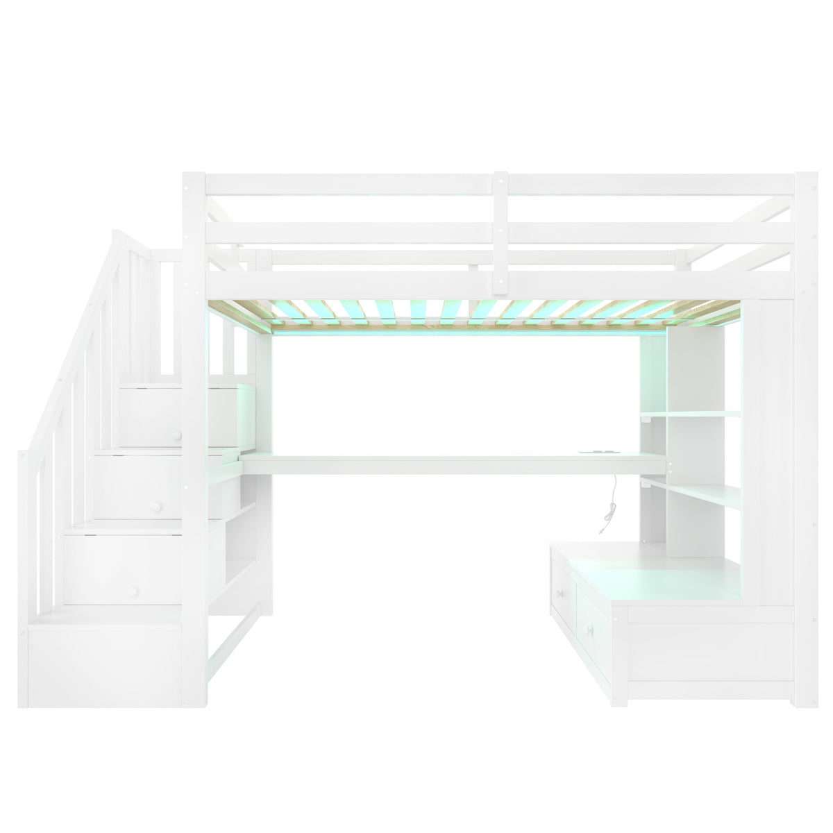 Loft Bed 90x200cm Desk Shelves Drawers Storage Stairs White