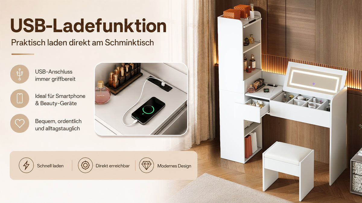 Dressing Table with LED Mirror, USB Charging & Stool, White