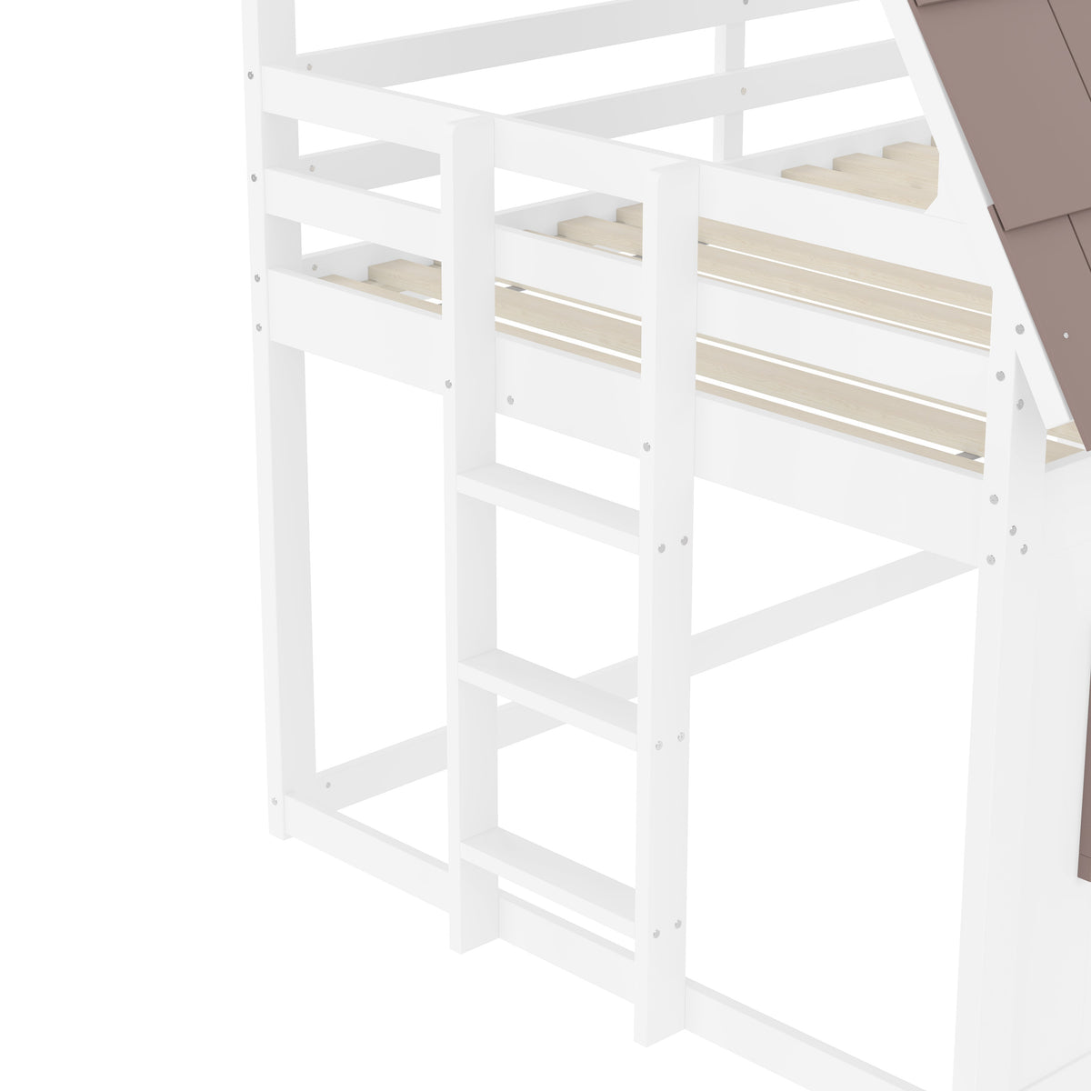 Wooden House Bunk Bed with Roof, Ladder and Slide, 140 x 200, White and Brown