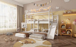Bunk Bed, Children's with Slide, Roof Design, Three-Sleeper, Storage, Pine + MDF, White
