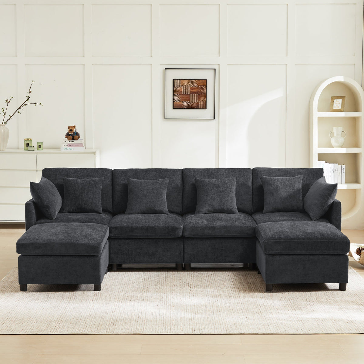 Modern Modular Chenille Sofa L-Shaped U-Shaped Detachable Footstool, Chenille Fabric