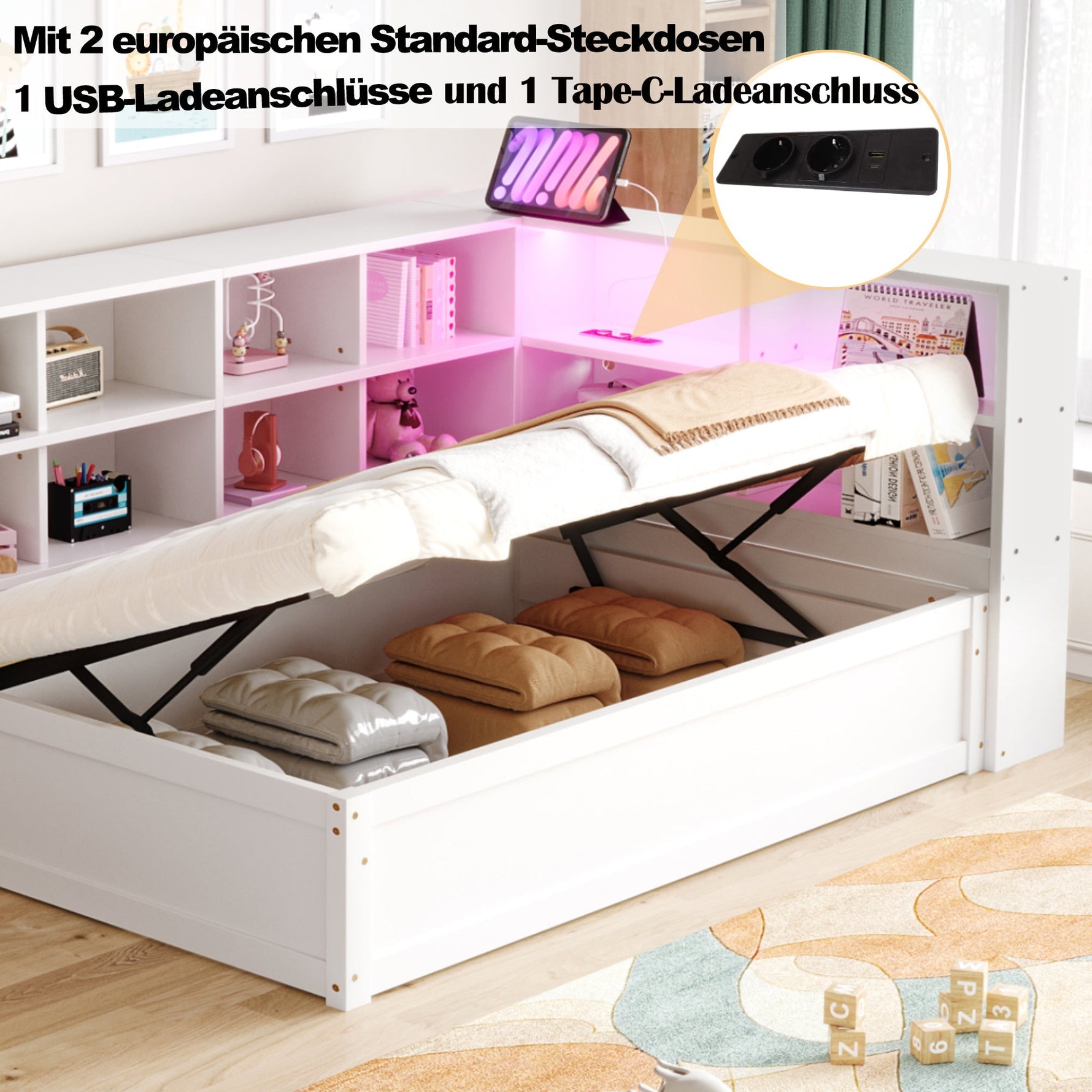 Sofa Bed, 90x200 Multifunctional with Sockets, Storage, Light Bar, Hydraulic, Solid Wood, White