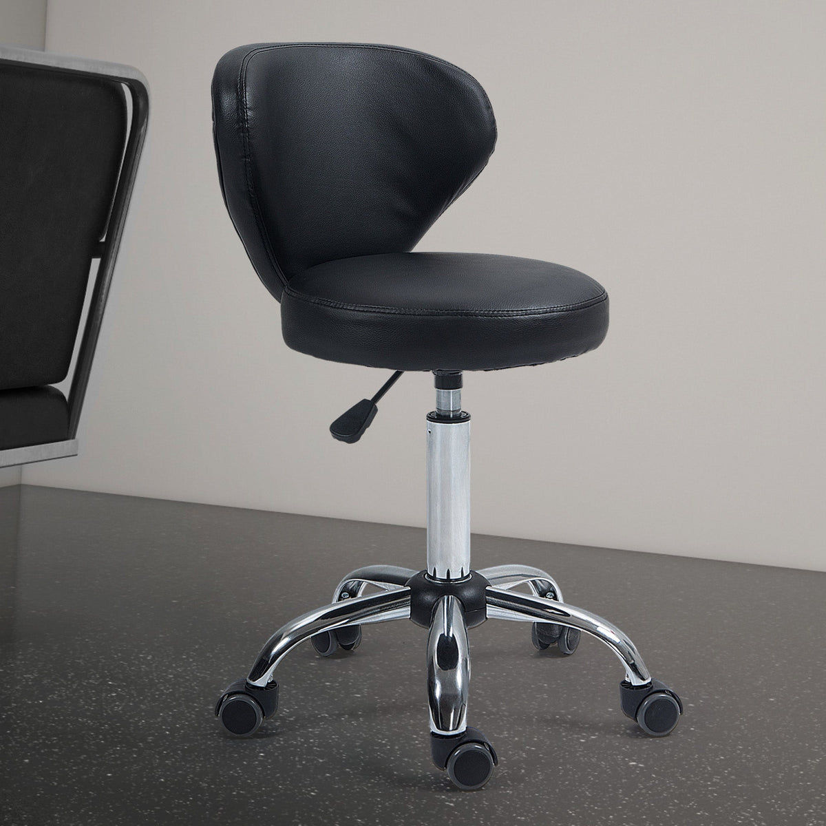 Rolling Stool Massage Stool, 360° Swivel Ergonomic Backrest, Black Faux Leather