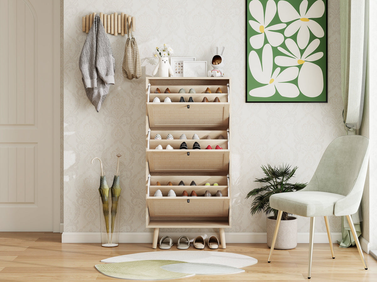 Shoe Cabinet with Three Levels, 121cm High, Natural