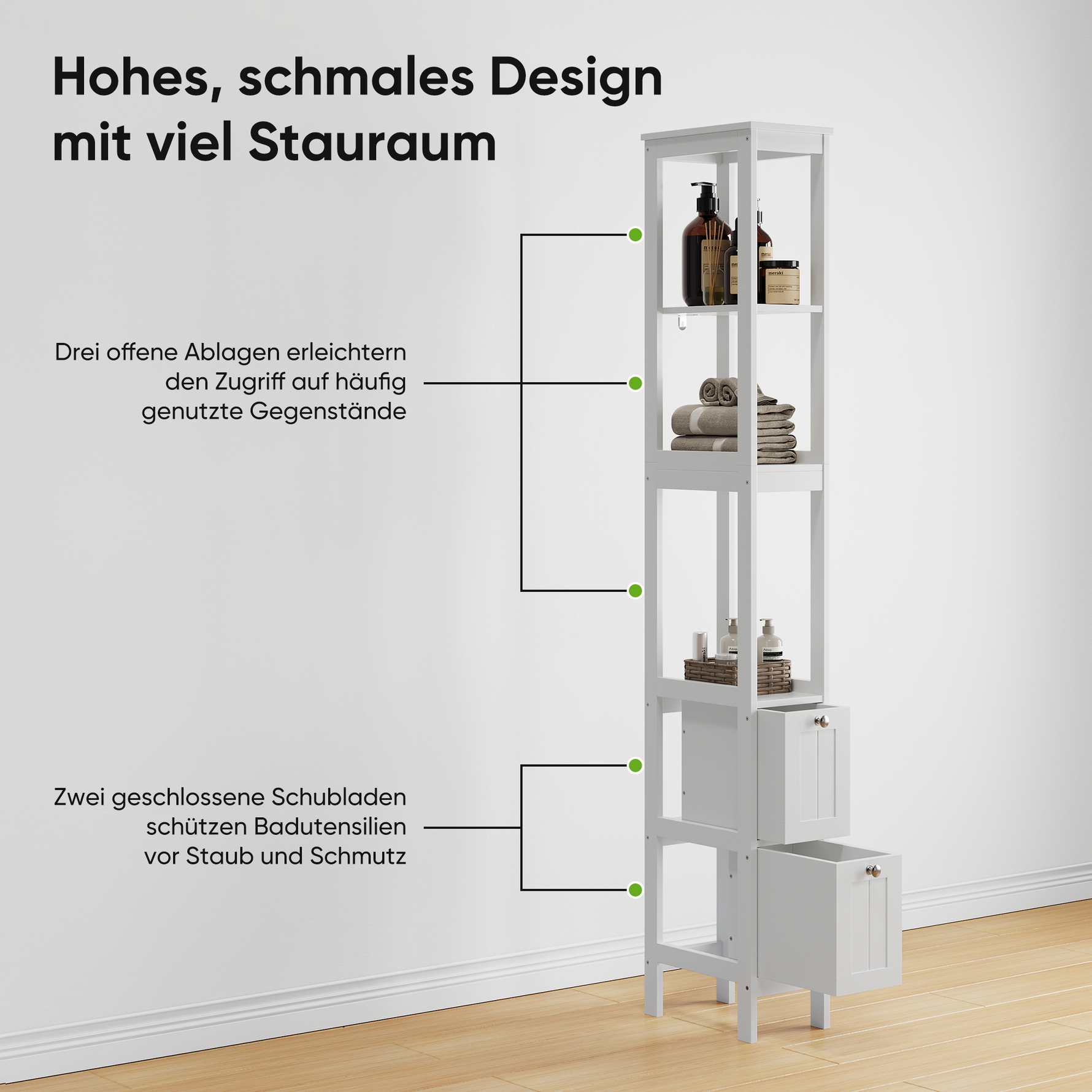 Narrow Tall Cabinet, Freestanding with 2 Drawers and 3 Shelves, White