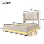 Upholstered Single Bed, 90x200cm Hydraulic Storage with USB & LED, Beige Cotton