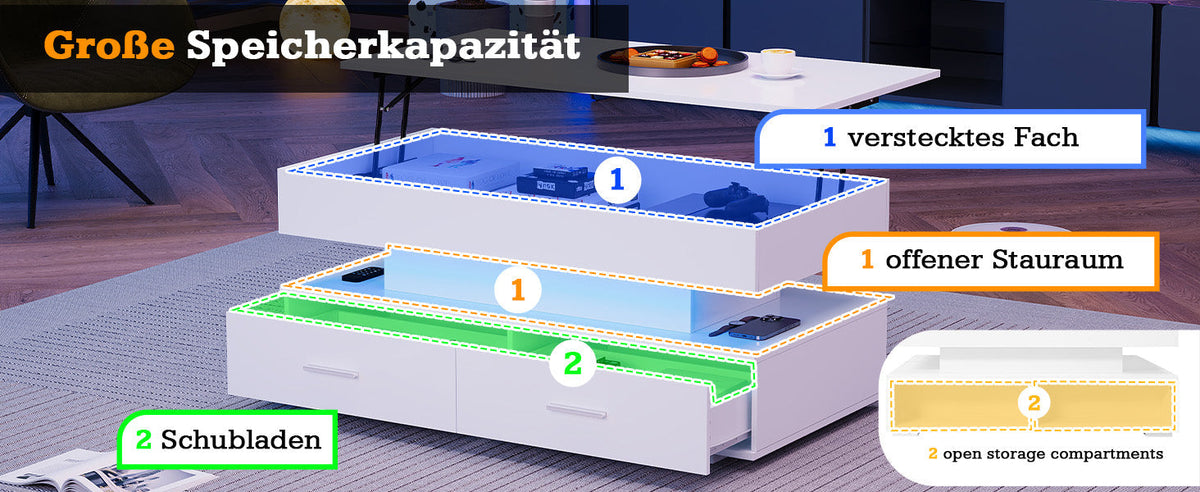 Hydraulic Height-Adjustable Coffee Table, LED Lighting, Bluetooth Control, 2 Drawers, White