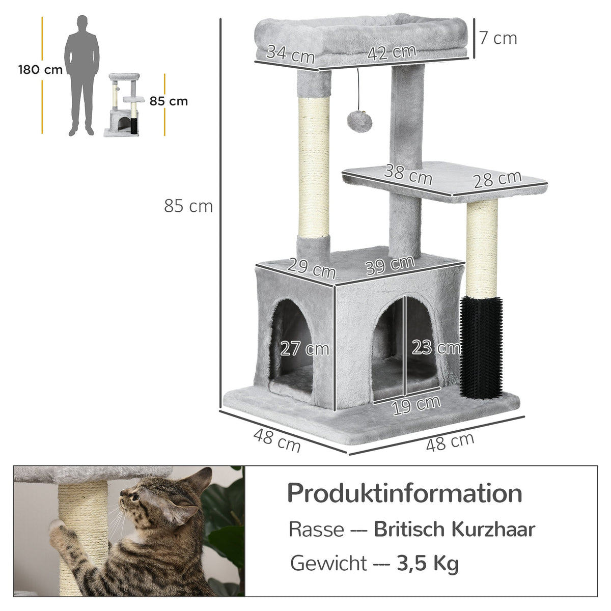 Cat Tree with Washable Bed, Litter Tray, Toys, Light Grey