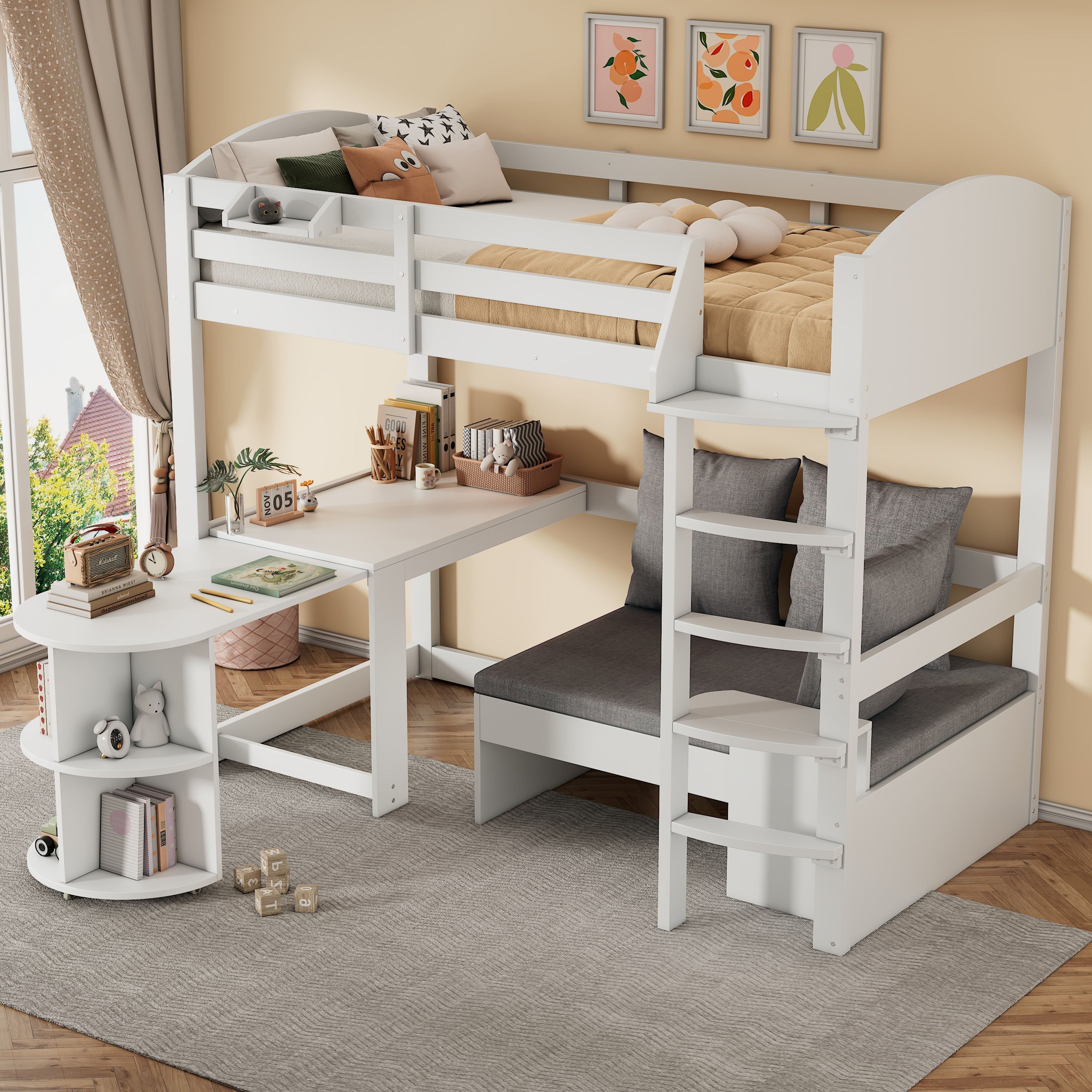 Children's Bunk Bed Multifunctional Ladder Pull-out Table Storage Sofa 90x200, White
