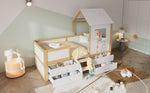 Children's Bed, Half-Height House Bed with 4 Drawers & Stairs, Pine+MDF+Plywood, White+Natural, 90x200cm