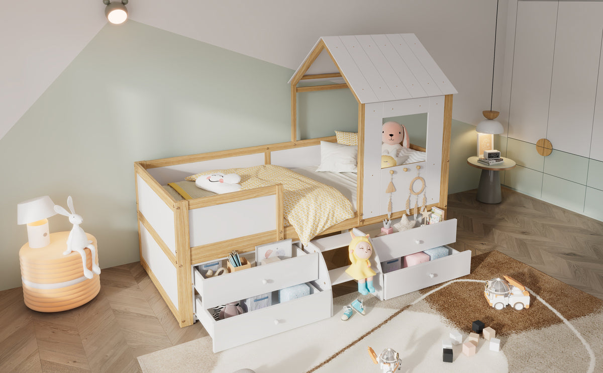 Children's Bed, Half-Height House Bed with 4 Drawers & Stairs, Pine+MDF+Plywood, White+Natural, 90x200cm