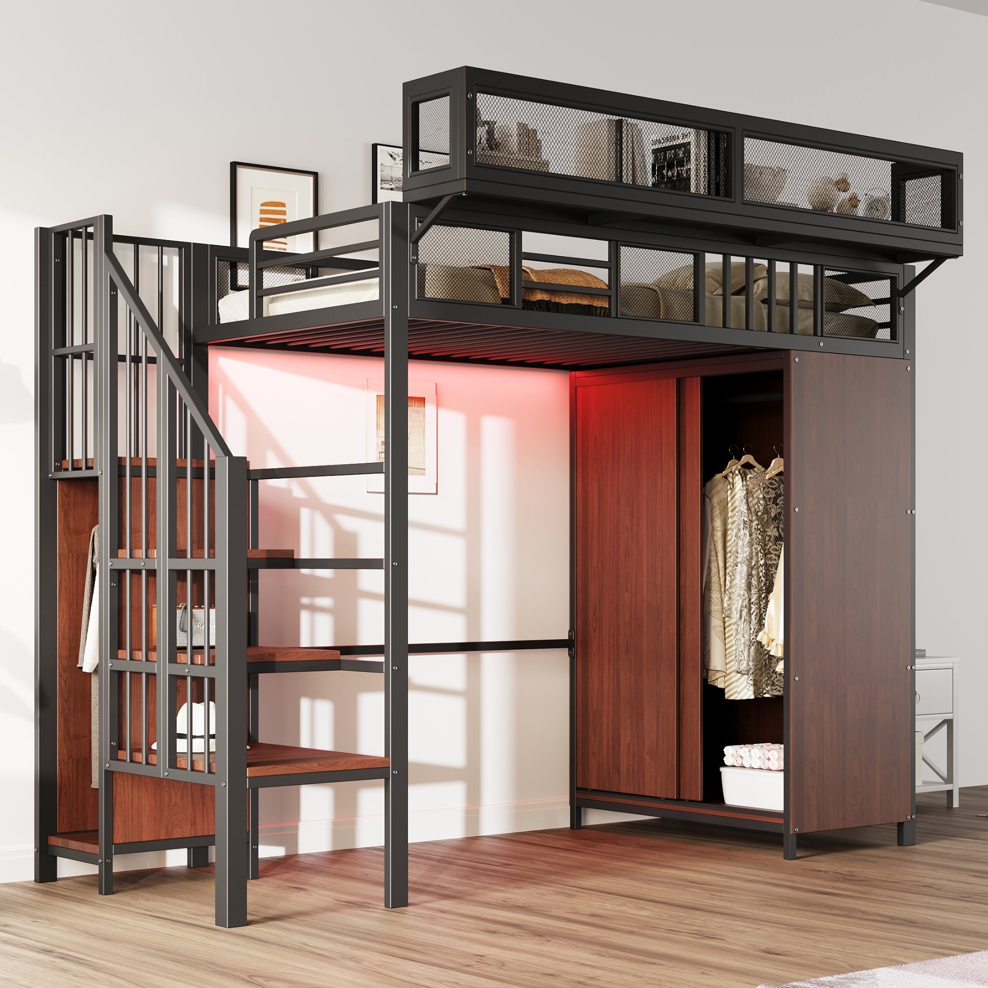 Metal Loft Bed 90 x 200 cm with Wardrobe, Safety Ladder and LED Lighting, Black
