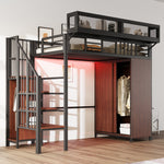 Metal Loft Bed 90 x 200 cm with Wardrobe, Safety Ladder and LED Lighting, Black