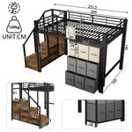 Loft Bed 140x200cm with Storage Stairs & Drawers, Black Metal