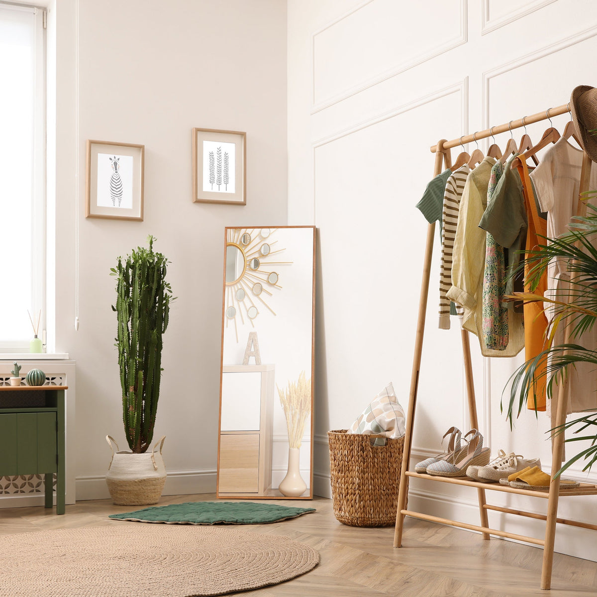 Full Length Wall Mirror, 125x45cm, Wooden Frame in Natural
