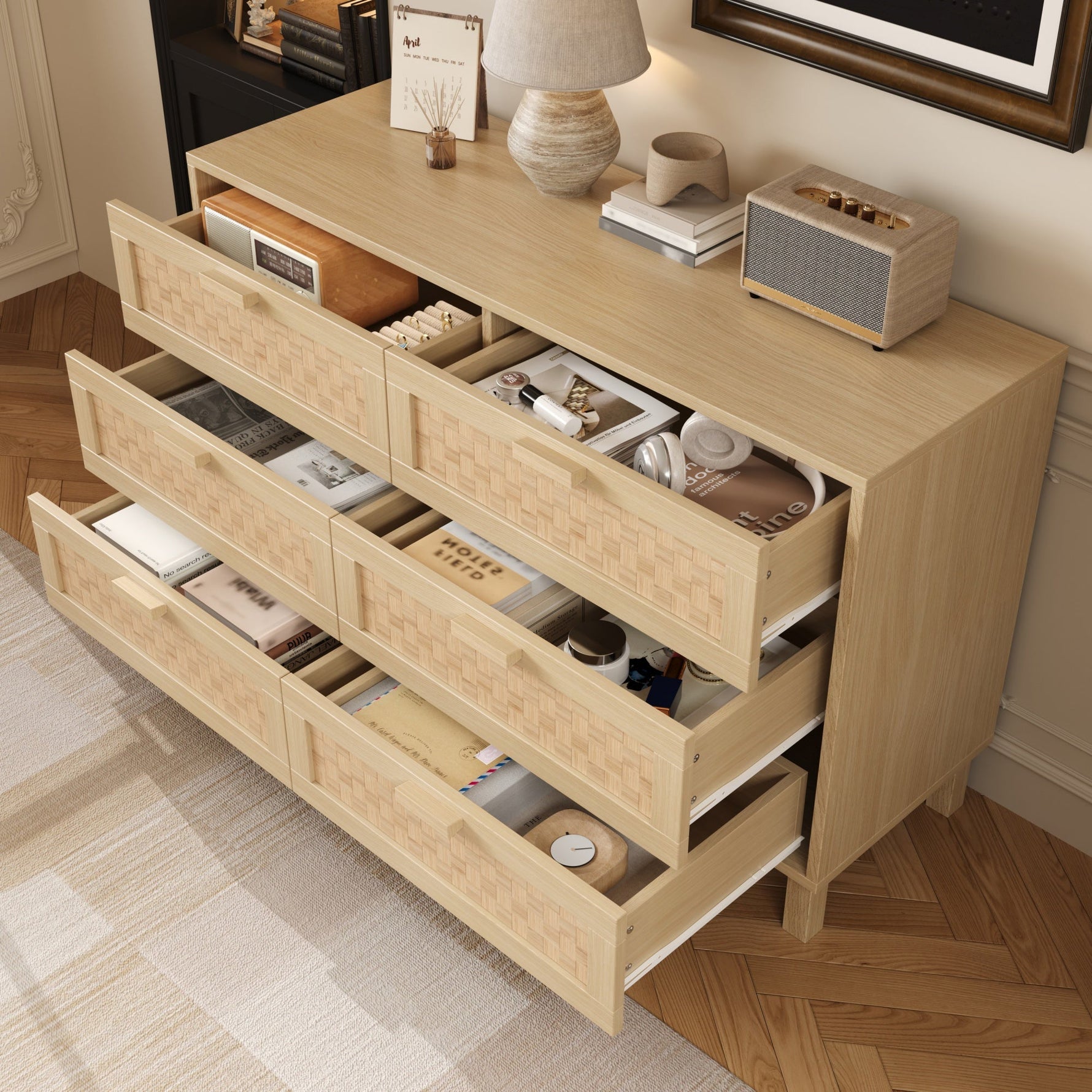 Sideboard & Chest of Drawers, 6-Drawer Rattan Look, Natural Wood
