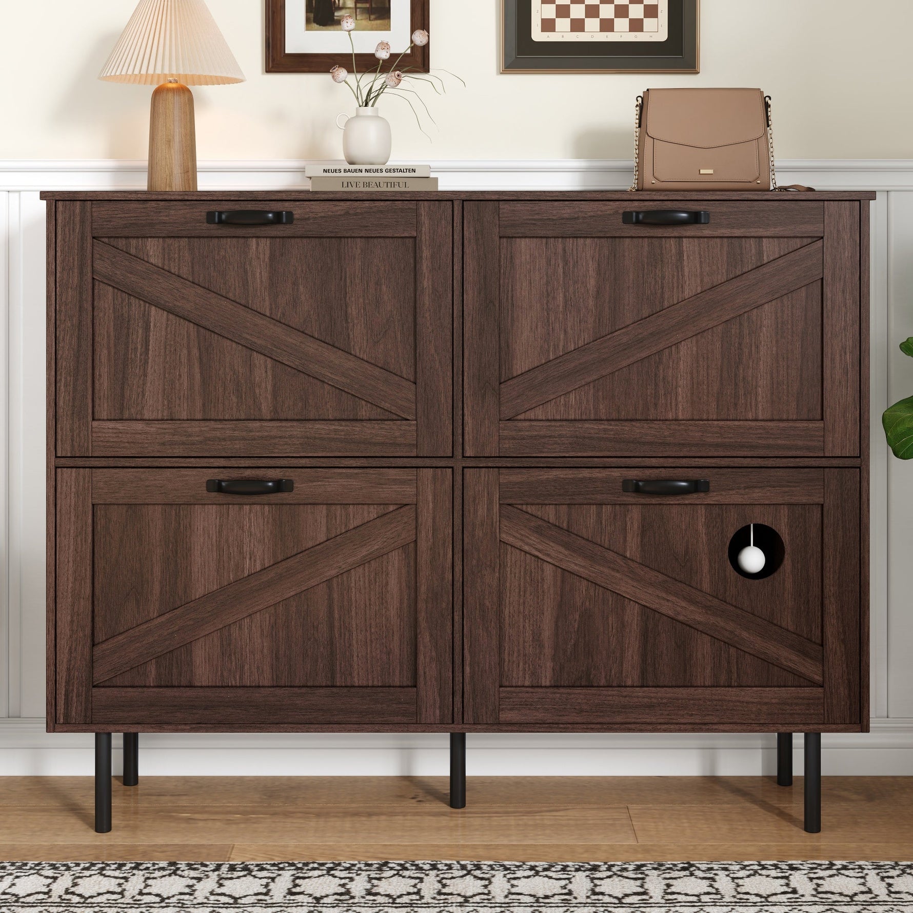 Narrow shoe cabinet with 3 flaps and pet toy storage, for hallway use