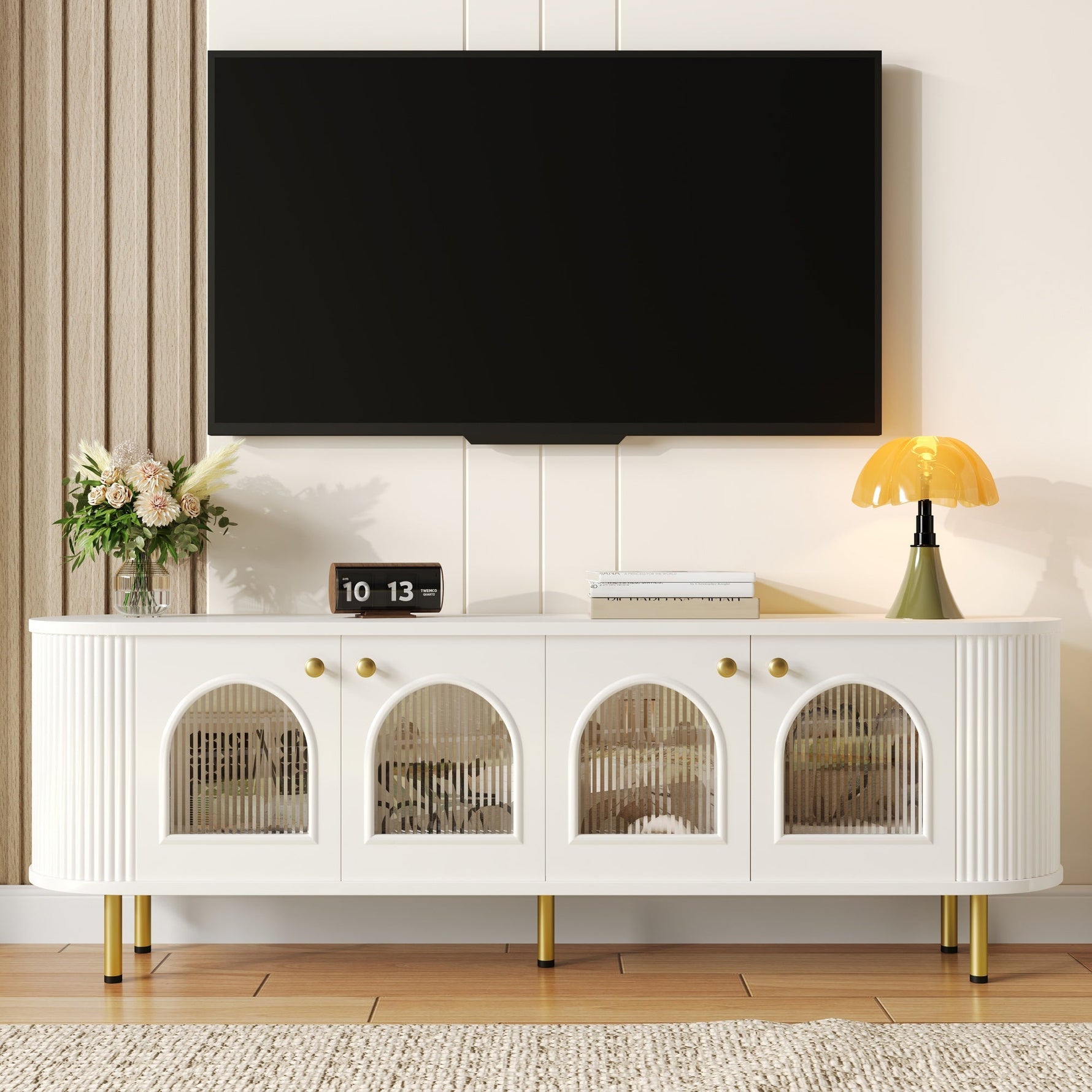 TV Cabinet Lowboard Glass Doors Storage Gold Handles/Legs