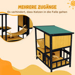 Cat House with Hanging Bridge & Balcony, Waterproof, Yellow Wood