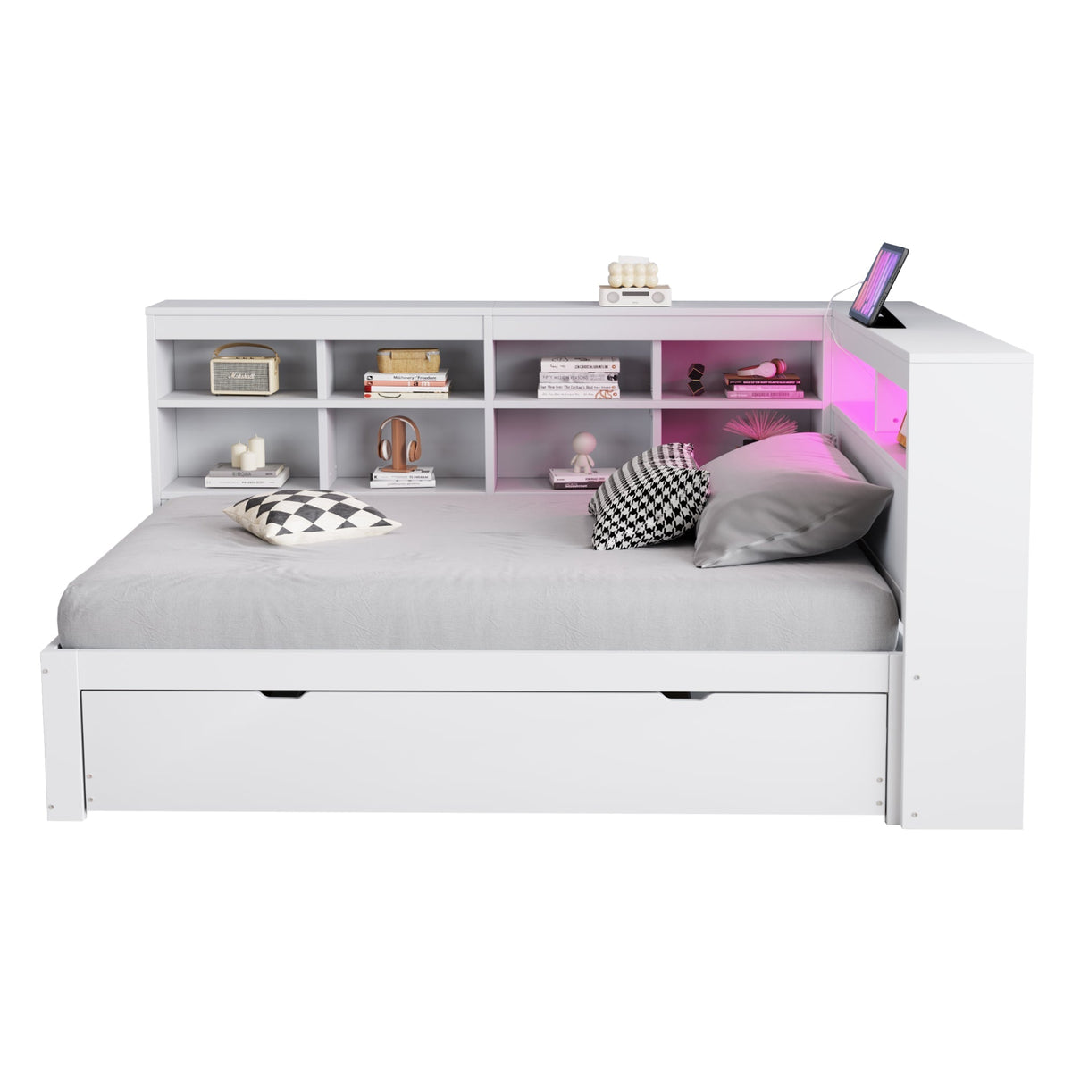Solid Wood Sofa with Pull-Out Bed, USB & LED, White