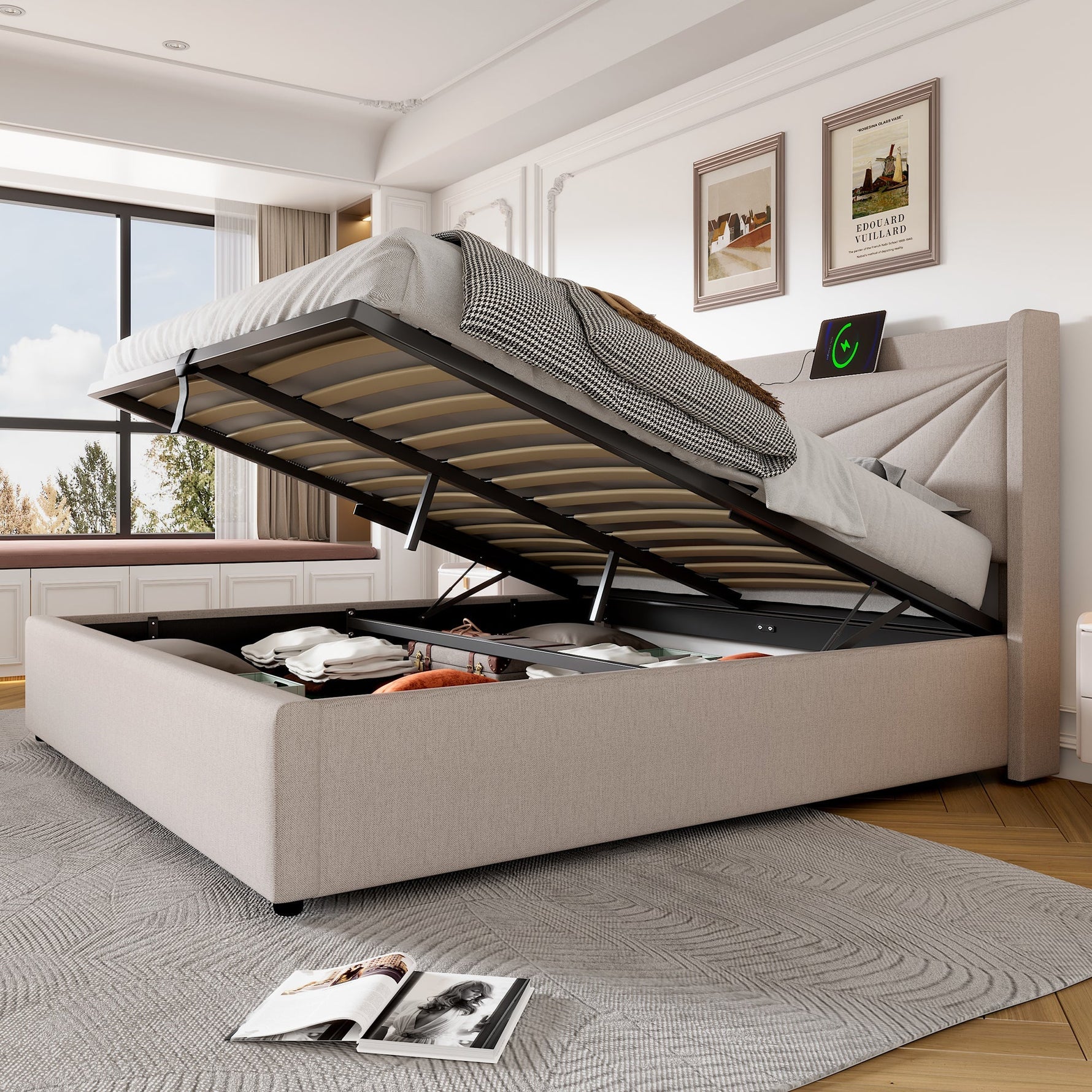 Upholstered Double Bed with Storage and USB Charging, 180x200cm, Grey Linen