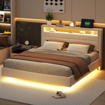 Upholstered Bed 160x200 cm with USB & LED Light, Beige Linen