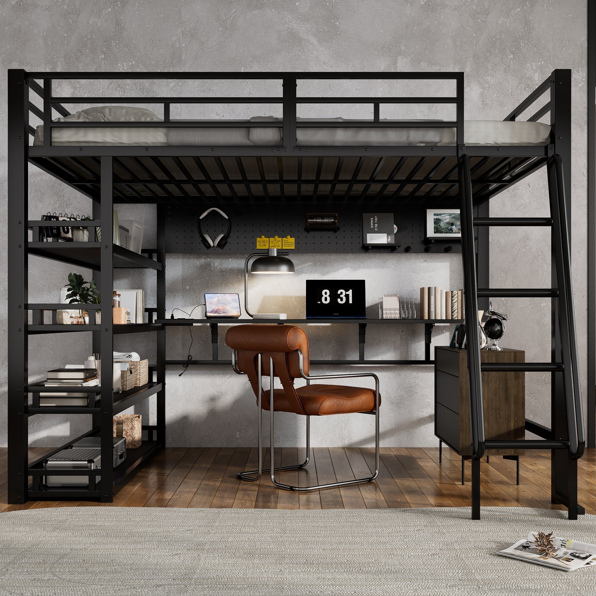 Iron Bed, Loft Bed with Storage, Charging Port, Ladder, Black Iron & Chipboard