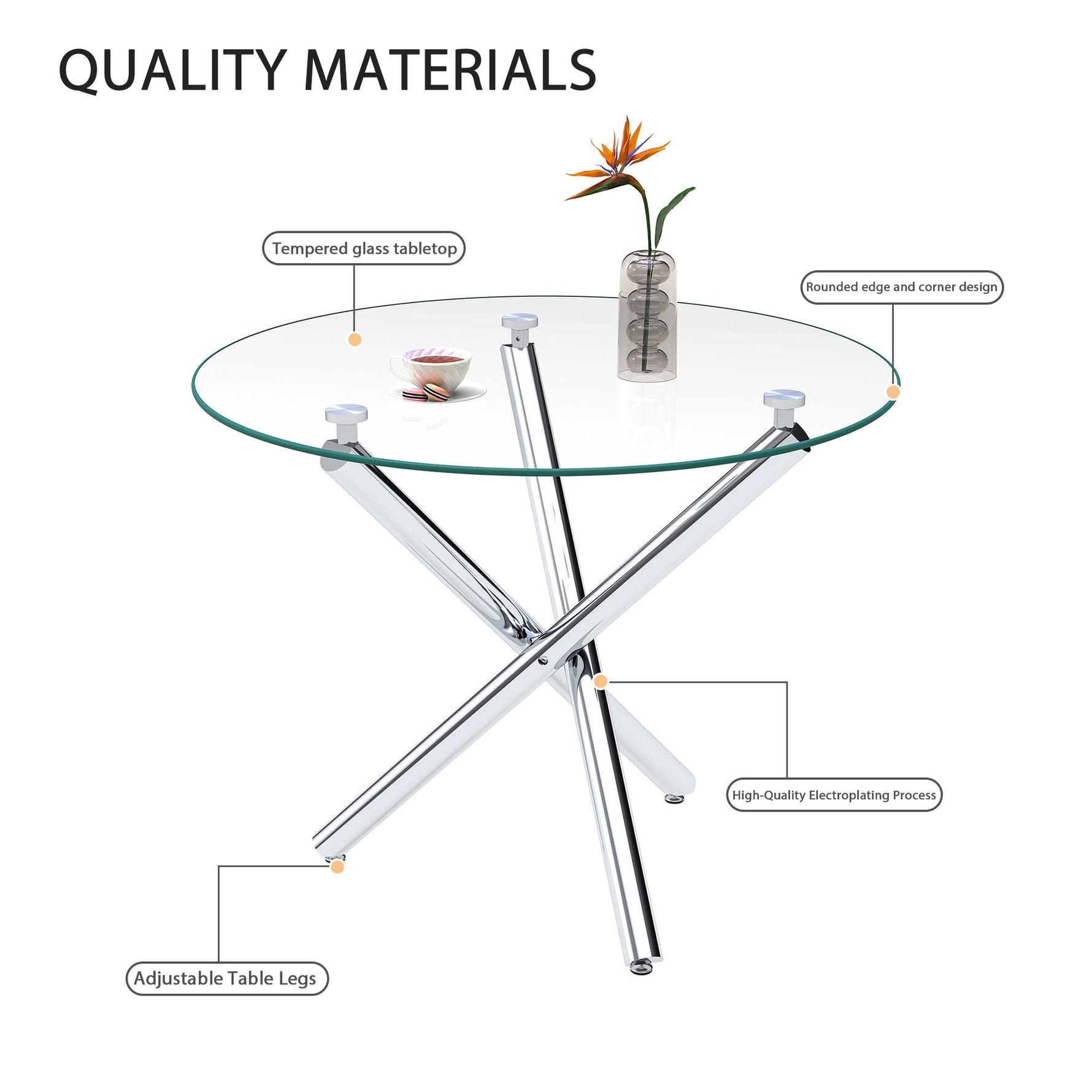 Round Dining Table 80x80x76cm Tempered Glass Metal Legs