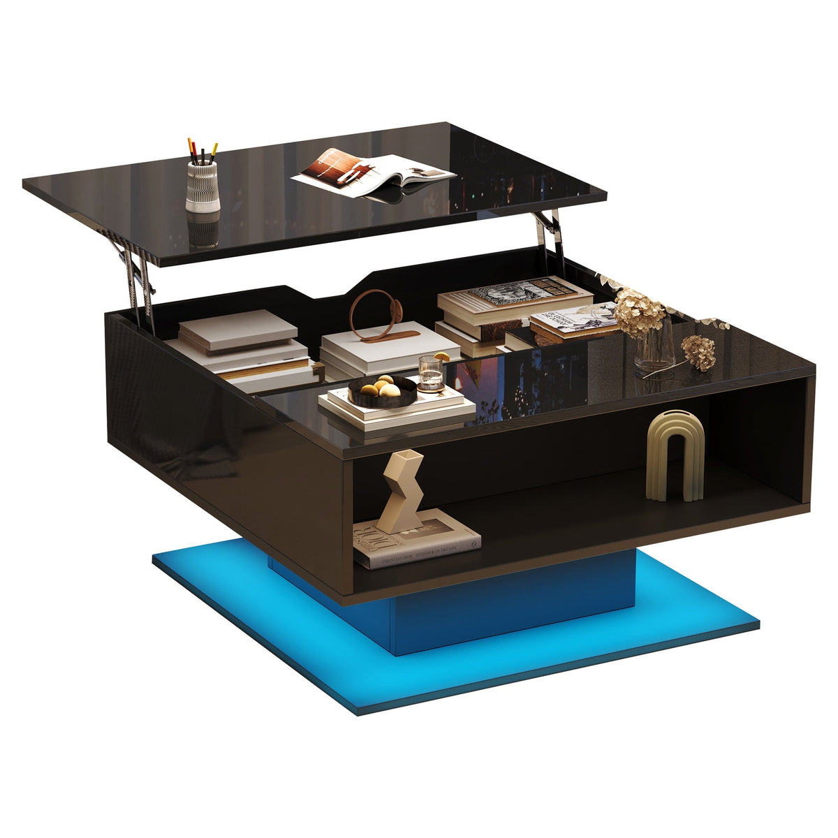 Coffee Table with Hydraulic Lift, High-Gloss, Storage, Black