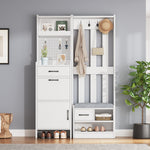 Hallway Coat Rack, 7-in-1 with Shoe Bench, 7 Hooks, Bookshelf, Drawers, White