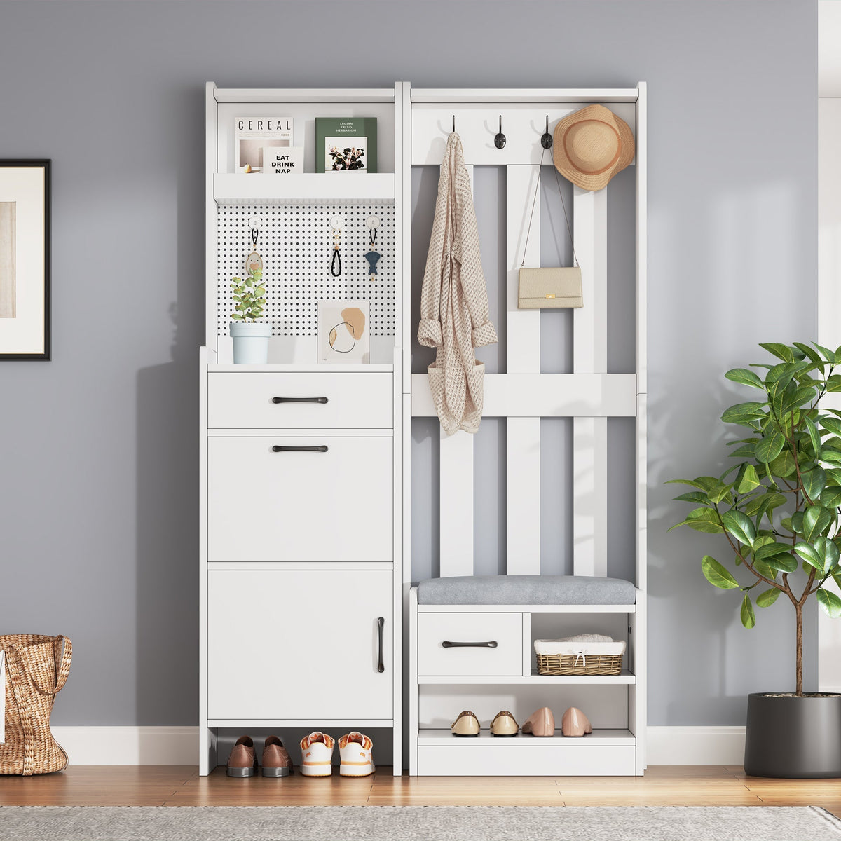 Hallway Coat Rack, 7-in-1 with Shoe Bench, 7 Hooks, Bookshelf, Drawers, White