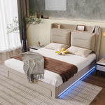 LED upholstered bed, 140 × 190 cm, hydraulic bed, 2-in-1 storage drawers at the foot of the bed, built-in LED light strips on both sides of the bed, slatted base, mattress not included, velvet, grey.