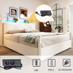Multifunctional Double Bed with Iron Canopy, LED, USB and 3 Drawers, 140x190cm, White