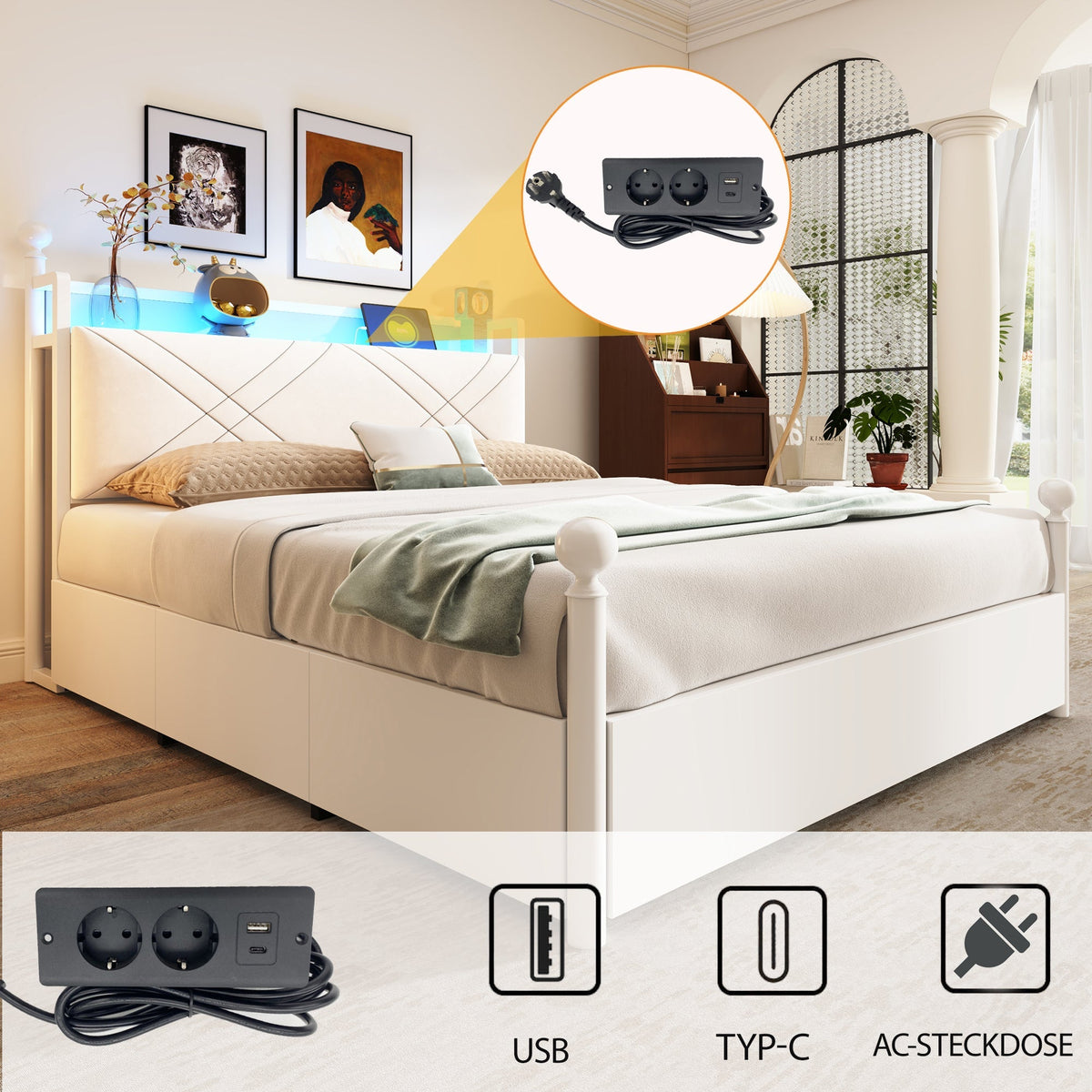 Multifunctional Double Bed with Iron Canopy, LED, USB and 3 Drawers, 140x190cm, White