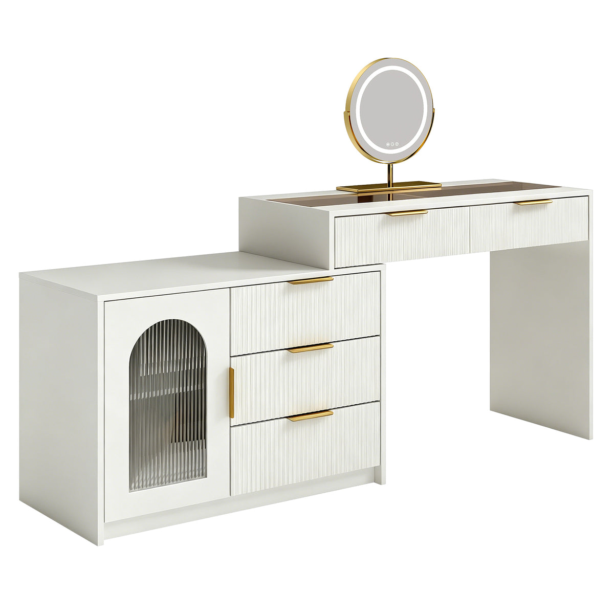 Modern Dressing Table with LED Mirror & Glass Top, White