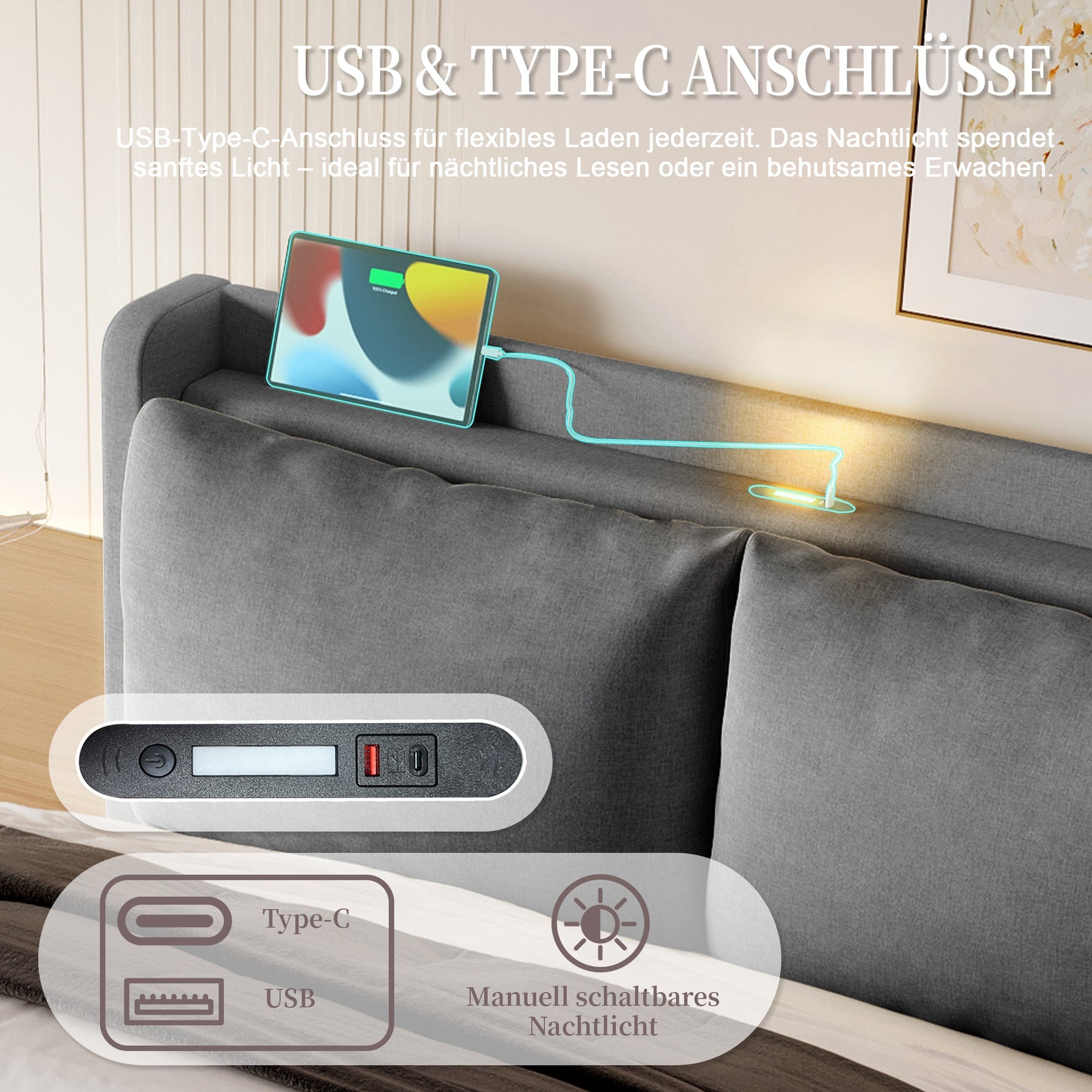 Upholstered Bed 160x200cm with Stylish Headboard, Storage, USB-C Ports, and LED Lighting