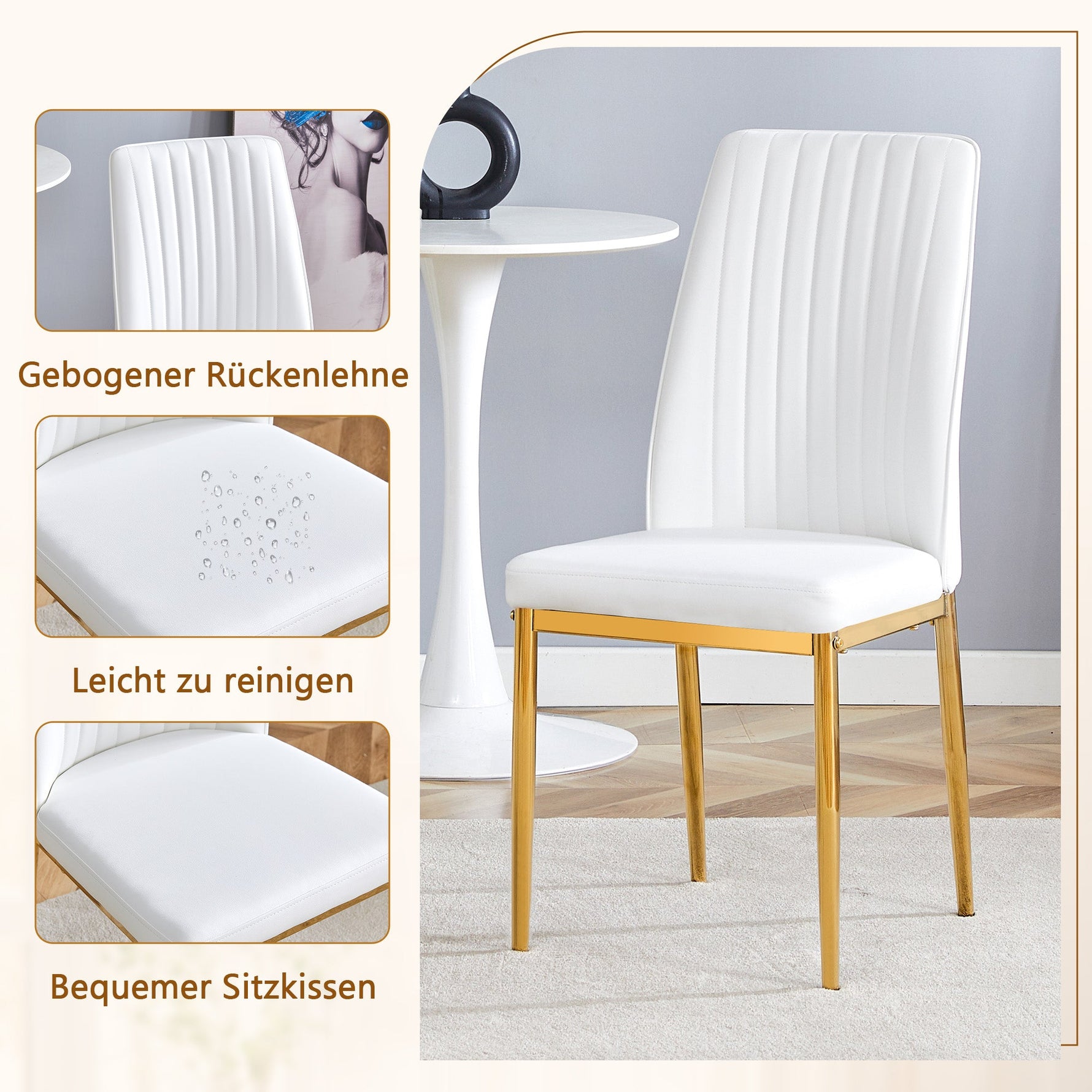 Dining Table Set, Minimalist 85cm Glass Table & 4 Chairs, White Faux Leather